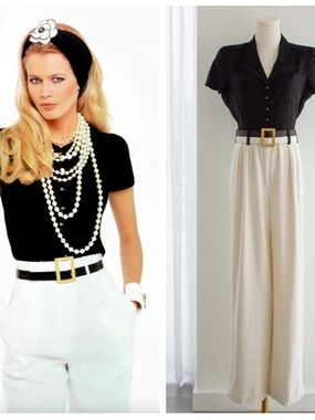 Chanel Vintage S/S 1995 Barbie Black White CC Belt Linen Jumpsuit 95P
